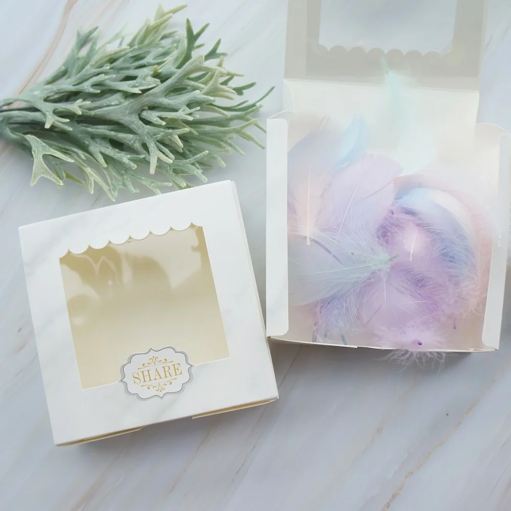 

14.3*14.3*4.7cm 10pcs marble share design Paper Box with Window for candy Cookie chocolate gift Packaging Wedding Use