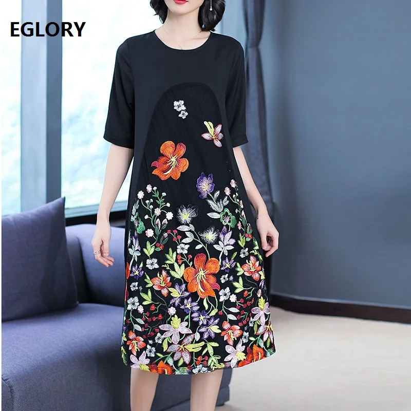 

Women's Clothing Dresses 2019 Summer Elegant Ladies O-Neck Exquisite Embroidery Patchwork Mid-Calf Vintage Retro Dress Femmes