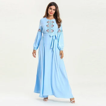 

Middle East Dubai Fashion Embroidered Ladies Dress Muslim Arabian Belt Long Sleeve Pleated Loose Slim Conservative Dress