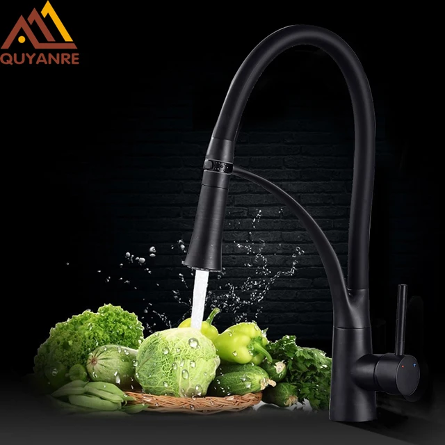 Best Offers Quyanre Black LED ORB Kitchen Faucet Pull-out Sprayer 360 Rotation Single Handle Mixer Tap Sink Faucet Black Rubber Faucets 