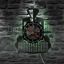 1 pieza Vintage locomotora de vapor tren expreso vinilo disco Reloj de pared LED luz de noche transporte ferrocarril lámpara de mesa Decoración