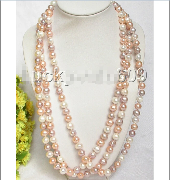

shipping 3pieces 21" 9mm natural white pink purple pearls necklace E1107