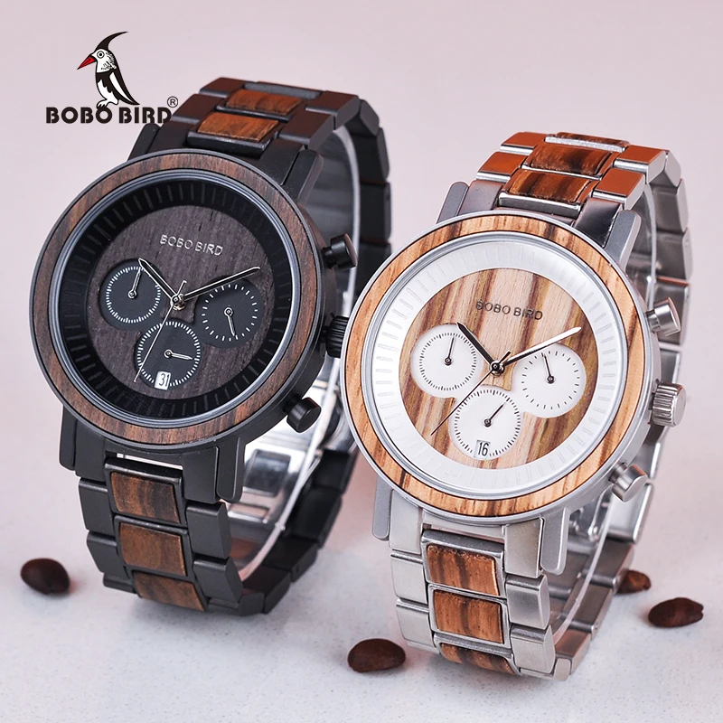 BOBO BIRD Watch Men Stainless Steel Wooden Watches Chronograph Men's Sport Waterproof Military Watches Relogio Masculino V-R01
