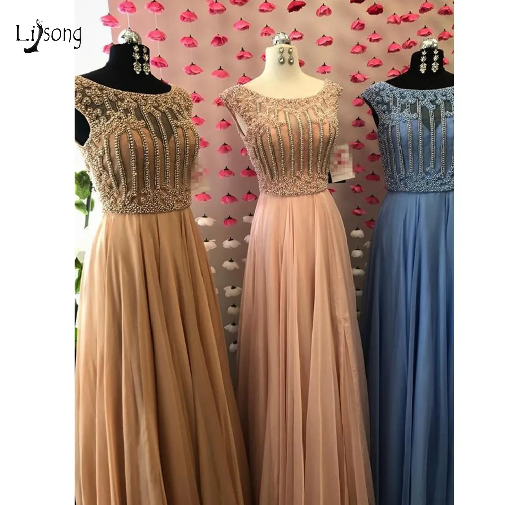

Real Image Champagne Pearls Evening Dresses A-line Chiffon Beaded Prom Gowns O-neck Short Sleeves Modest Abendkleider 2019