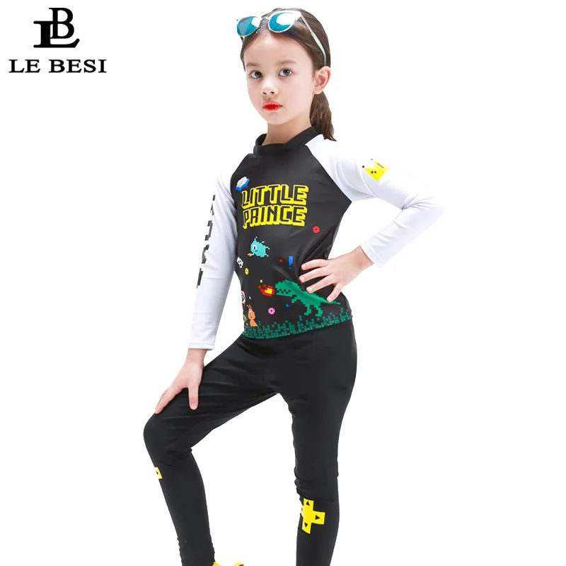 LEBESI 2018 New Children's Swimsuit 3-12 Years Girls 2 Piece Bathing Suit Black Color Long Pants Swimwear With Sleeve Beachwear