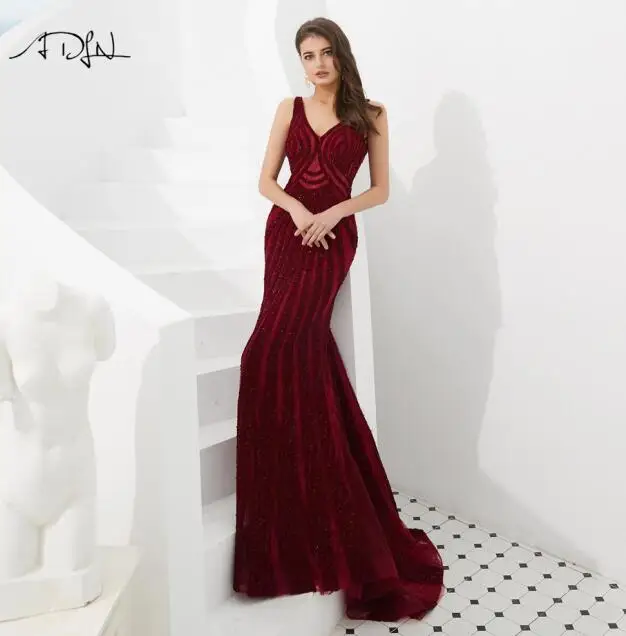 burgundy ADLN винтажные бордовые вечерние платья abiye gece elbisesi с глубоким v-образным вырезом кружевные вечерние платья с большим количеством бусин специальное вечернее платье - Цвет: burgundy