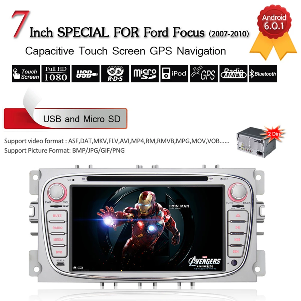 Top 7 Inch HD Android 8.1 Car Stereo Radio GPS Navigation Audio for Ford Focus / Mondeo / S-max / C-max / Galaxy With Canubus 2