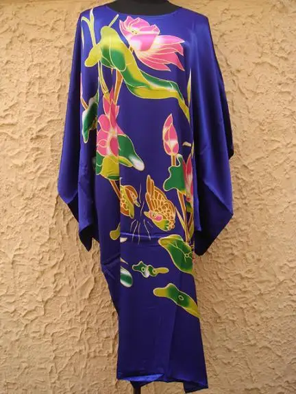 Розовый Живопись китайский Для женщин шелковый халат ночная рубашка юката Цветок Один размер S4011 - Цвет: blue
