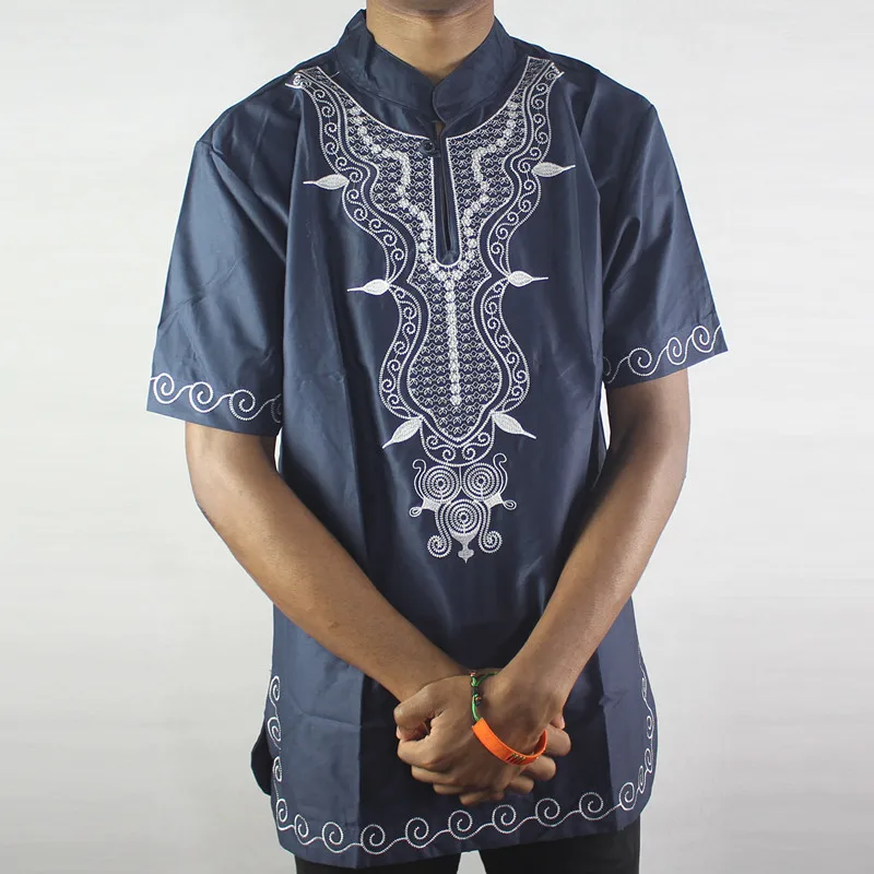 Африканские Этнические Топы Дашики вышитые мужские рубашки с коротким рукавом Африканские свадебные рубашки - Цвет: Тёмно-синий