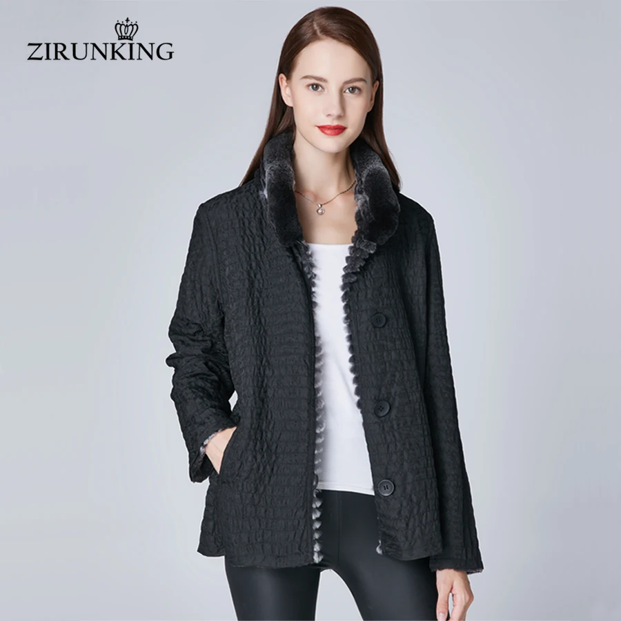 ZIRUNKING женский Настоящий мех кролика черная куртка женская реверсивная шуба парка натуральный меховой воротник из кролика рекс верхняя одежда ZC1864