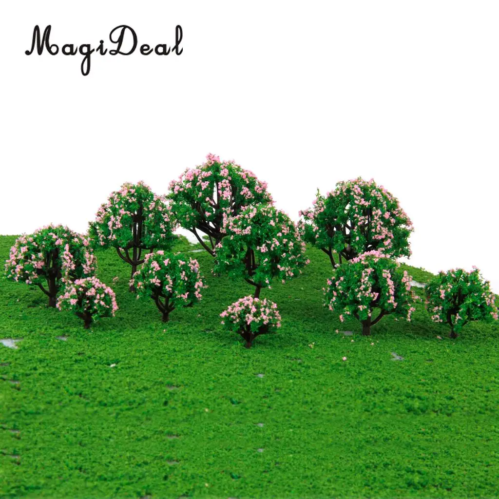 MagiDeal  5Sizes 10Pcs Plastic Model Tree with Pink Flower for Railroad Railway Train Track Home Garden Building Layout Diorama