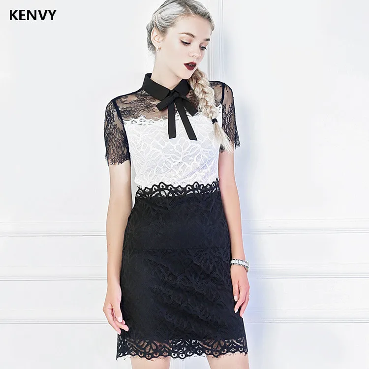 KENVY Brand Fashion Women's High-end Luxury Summer Slim Bow Lace Dress