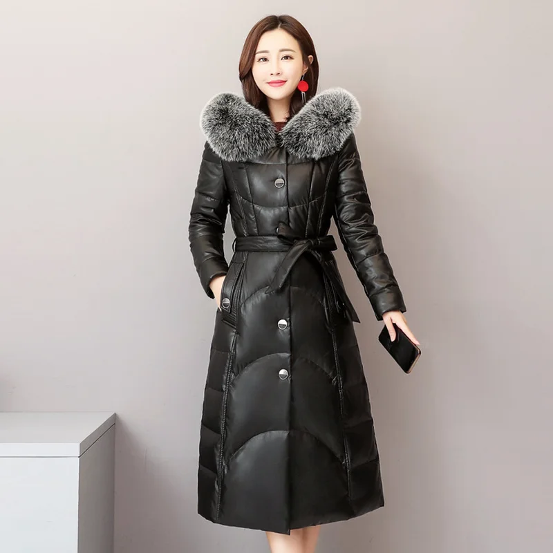 Leather Jacket Women Winter Sheepskin Genuine Leather Jacket Fox Fur Collar Hooded Duck Down Long Coat Chaqueta Mujer Q859 YY528