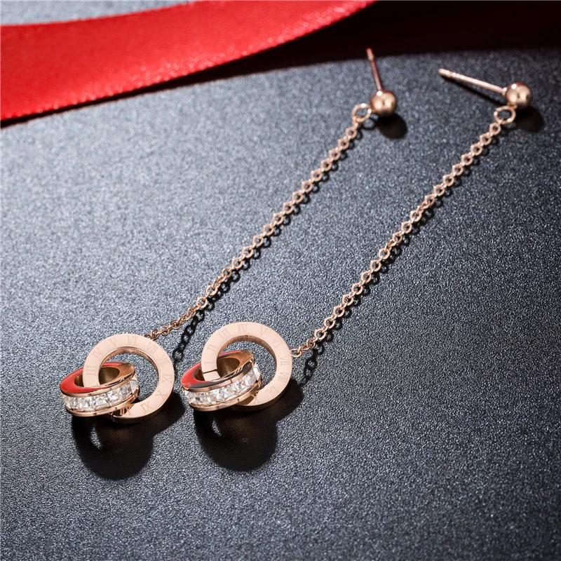 

ZooMango Titanium Steel Cubic Zirconia Roman Numerals Double Circle Tassel Earrings Rose Gold Wedding Earrings For Women RN01410