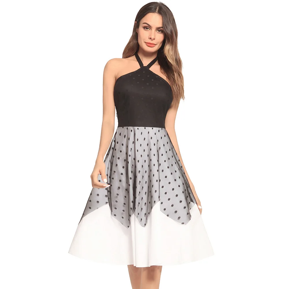 Buy Spring and Summer 2018 New Women Halter Dresses Cotton Mesh Patchwork