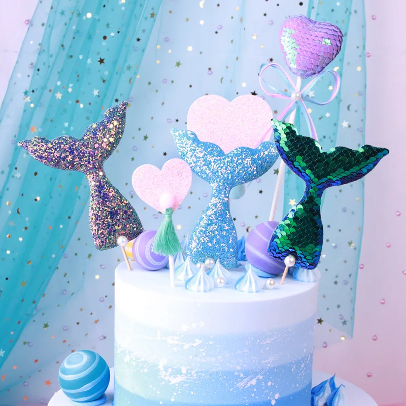 

3pcs Birthday Cake Toppers Cute Glisten Party Supplies Mermaid Theme Party Cupcake Decor Mermaid Tail Sequins Pearl Topper