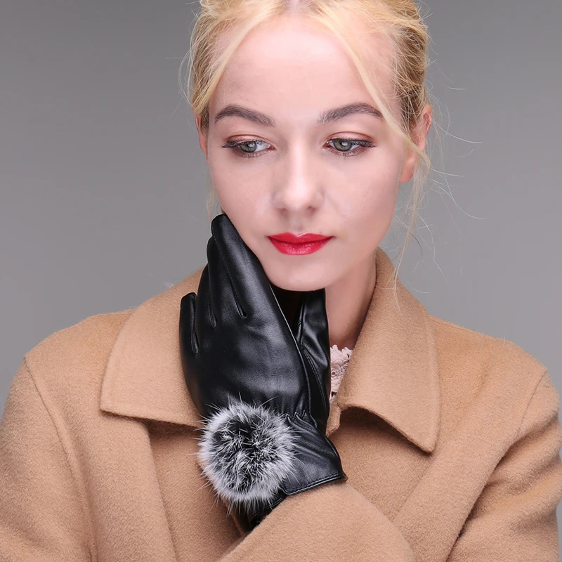 2017 winter Beautiful Rabbit Fur PU Leather Gloves For Winter warm