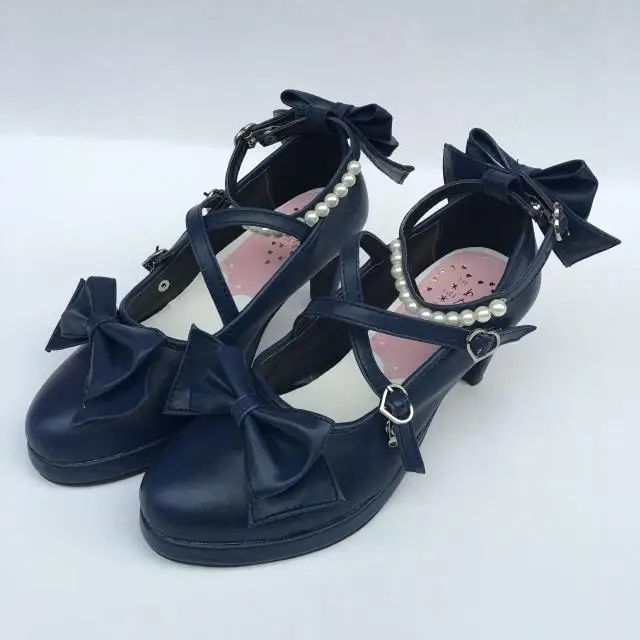 Womens-Shiny-Black-Silver-Sequin-Pumps-Bow-Strap-Cross-Pearl-Ankle-Strap-Princess-Lolita-Shoes-Custom-Tailor-Available- 36