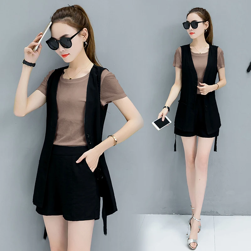 

Ladies suit 2019 Summer Youth clothing New 3 two piece set Fashion short sleeve suit Leisure top and pants Women's office suit