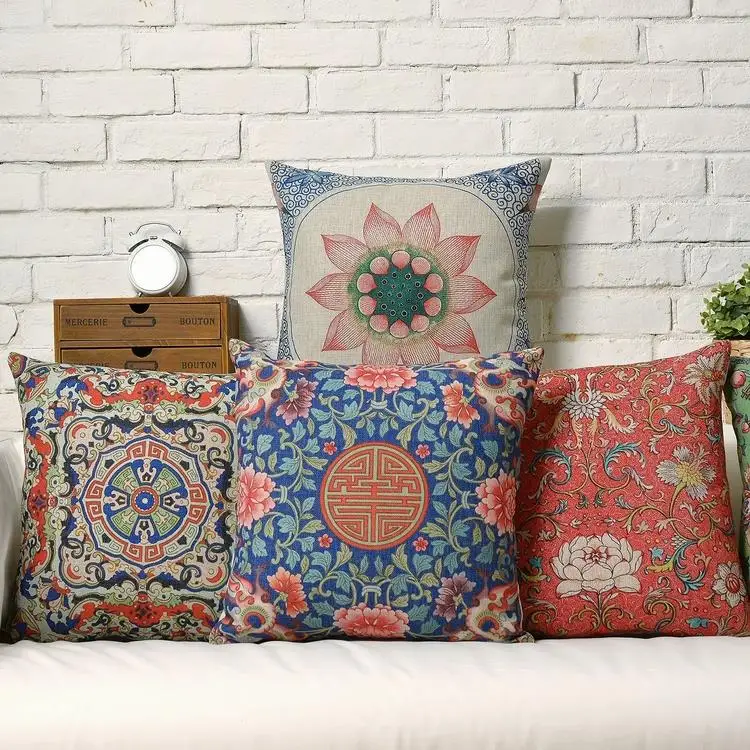 

Vintage National Wind Auspicious patterns Flower Linen pillow cushion Square Pillowcases Home Decor sofa cushions