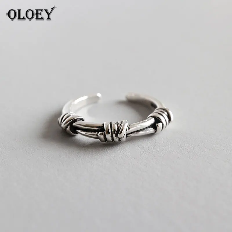 

OLOEY 100% Genuine 925 Sterling Silver Adjustable Ring Vintage Do the Old Thai Silver Knots Open Rings for Women Jewelry YMR588