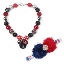 HOT SALE Kids Chunky Beads Necklace Sets Alloy Rhinestone Mic.key Charm Pendant Elastic Hair Band Baby Apparel Accessories WX3