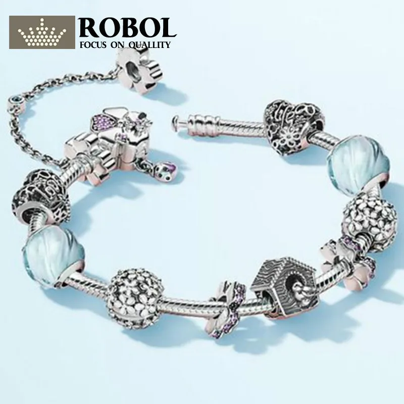 

ROBOL 100% Sterling Silver Brand New 1:1 Elegant Fresh Floral Charm Temperament Holiday Relaxing Inspiration Bracelet Set