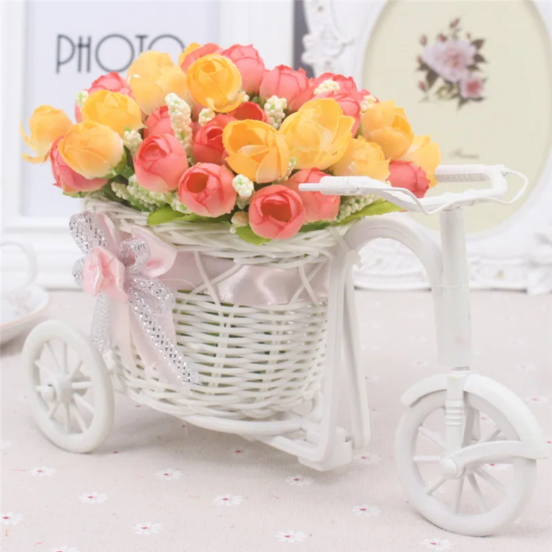 Один набор искусственных роз(ваза из ротанга+ цветок) Шелковая Роза с рамами из ротанга для велосипедов декоративная для домашнего декора - Цвет: F