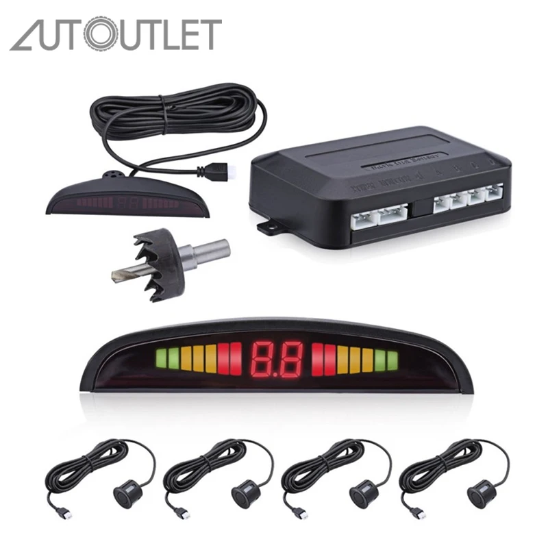 

AUTOUTLET Rear Reversing Car Parking Sensors 4 Sensors Buzzer Alarm Radar Sound Audio Alert Indicator Probe System LED Display