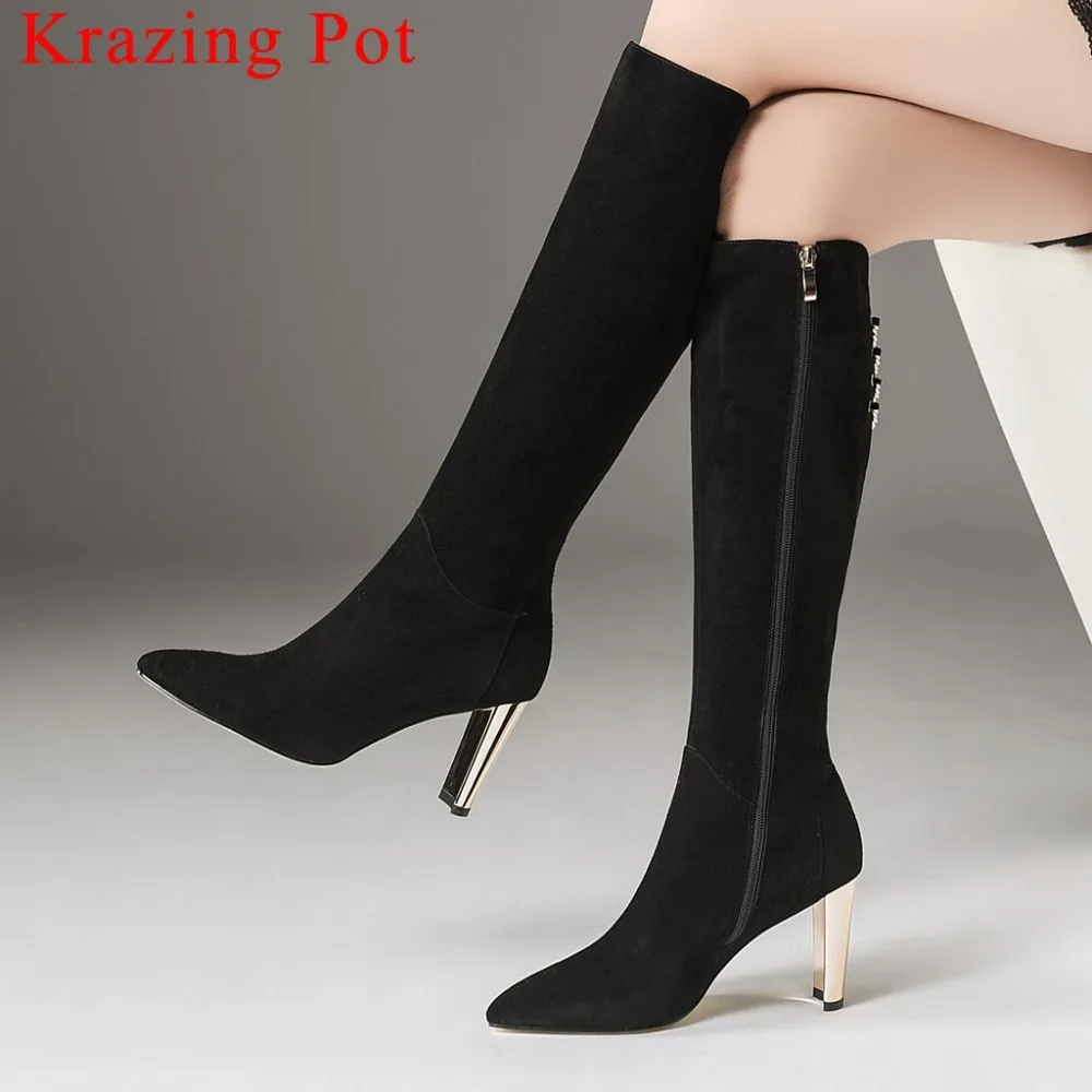 

2019 full grain leather high quality pointed toe high heels metal chain zipper plus size pointed toe fashion knee-high boots L68