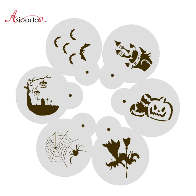

Asipartan 6PCS/Set Plastic Cake Stencils Halloween Coffee Mold Pastry Tools Pumpkin Bat Shape Mould Cake Decorating Tool Kitchen