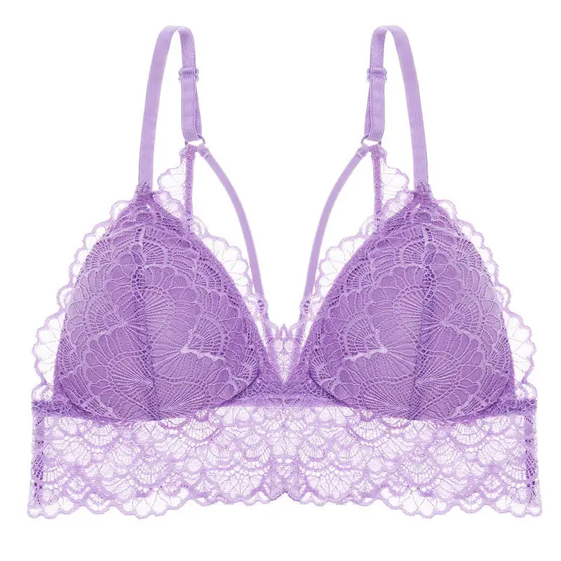 Sexy Deep V Floral Lace Bras Bralette Women Intimates Ultra Thin Belt Lingerie Wirefree Seamless Underwear Back Butterfly - Цвет: purple