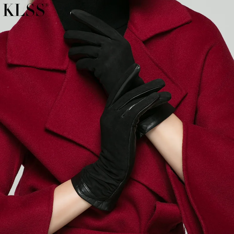 

KLSS Brand Genuine Leather Women Gloves Autumn Winter Plus Warm Velvet Fashion Elegant High Quality Goatskin Glove NEW 902
