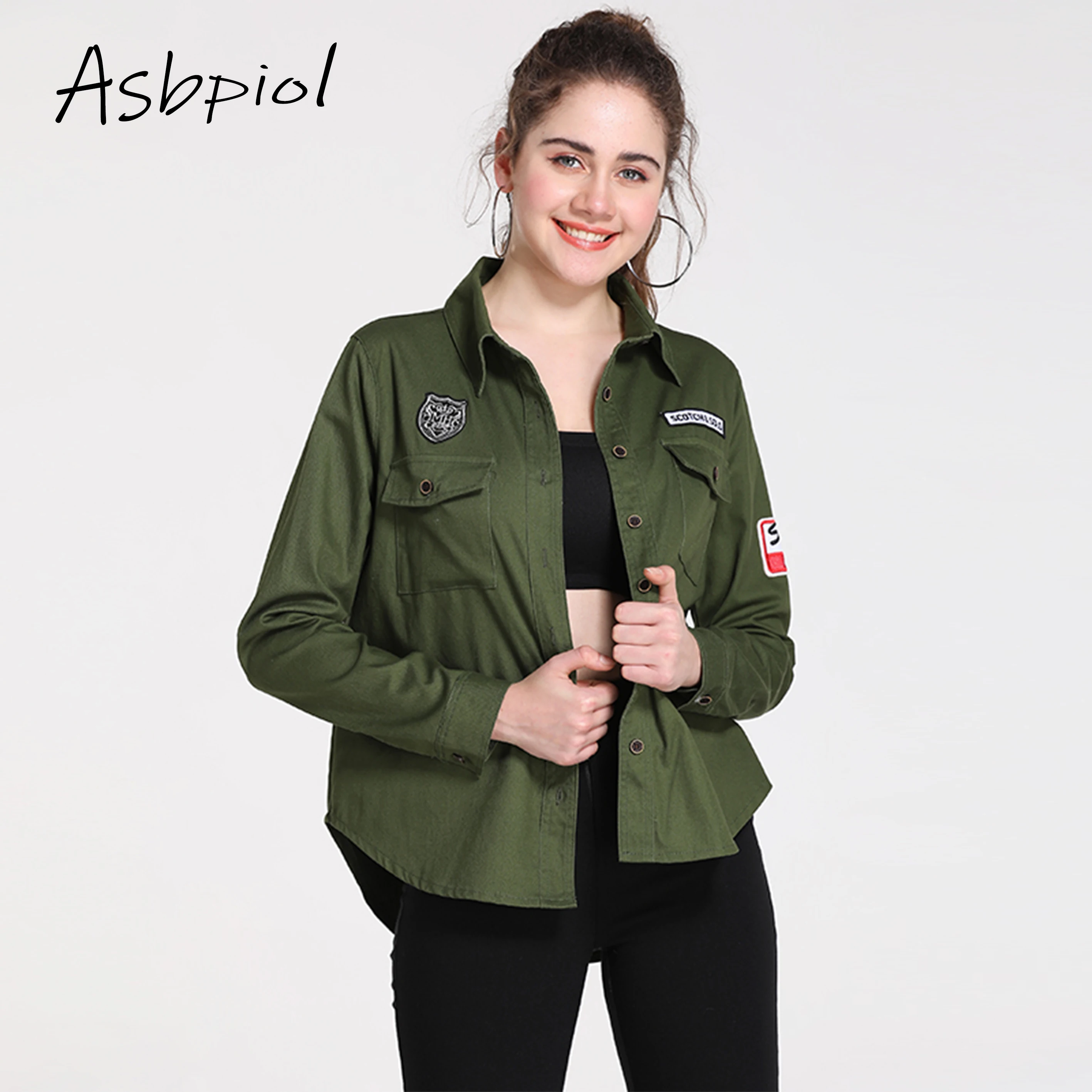 

Letter Pattern Green Basic Jackets For Women Turn-down Collar Autumn Coat Female Outwear Casual Loose Jean Kacket 2019 Women