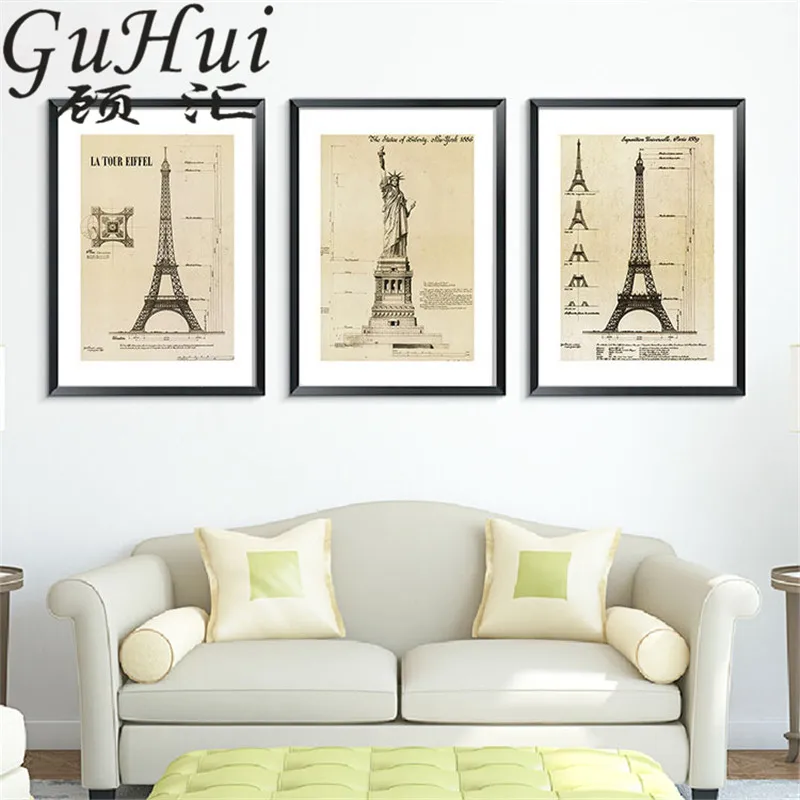 Цветной рисунок в Парижском Стиле Ретро ВИНТАЖНЫЙ ПЛАКАТ статуя Libert Tower