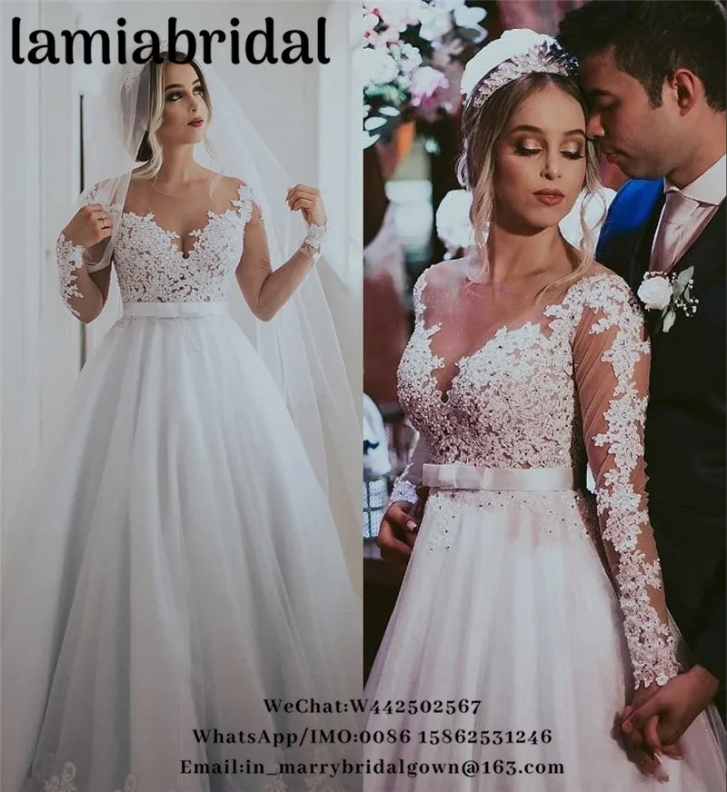 

Modest Plus Size Vestido De Novia 2019 A Line Vintage Lace Appliques Long Sleeves Sequined Beaded Illusion Wedding Bridal Gowns