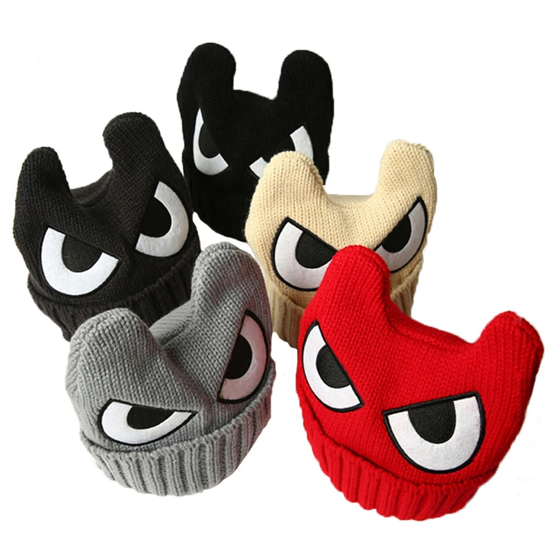 

New arrival Spring autumn winter children knitted skullies wool cap eyes baby warm hat horn boy girl beanies wholesale GH008