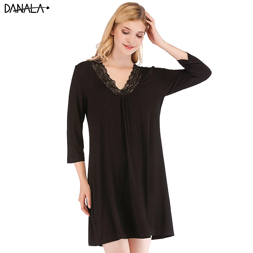 DANALA Modal Women Nightgowns Summer Sexy Lace Solid V-Neck Mini Night Dress Women Nightie For Women