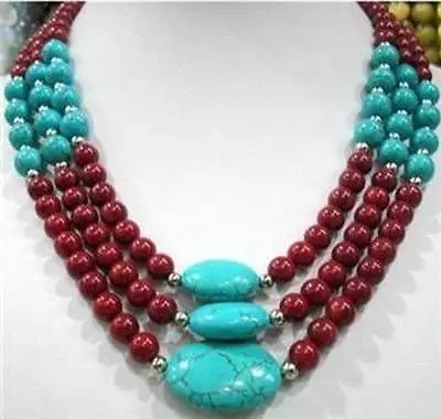 

0982 3 row red coral & turquoise necklace