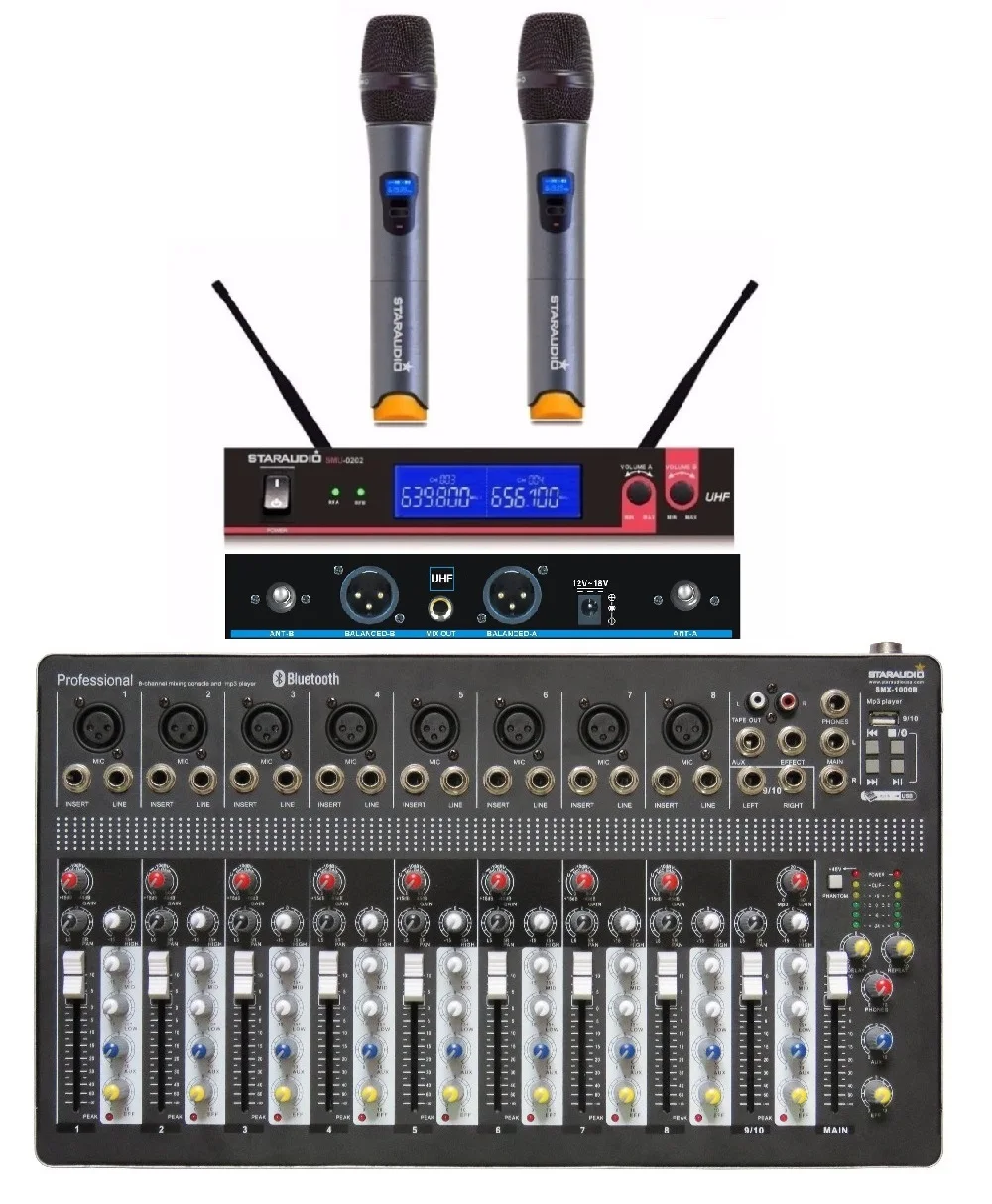 

STARAUDIO SMX-1000B Pro DJ Stage KTV Powered 10 CH USB Bluetooth MP3 Mixer with 2CH UHF Handheld Microphones
