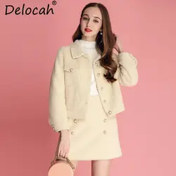 Delocah 2018 осень Для женщин костюм мода взлетно-посадочной полосы дизайн с длинным рукавом великолепные кнопка карманы пальто + напечатаны
