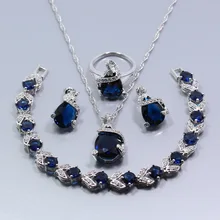 Лучшие продажи 925 Серебряный Для женщин комплект ювелирных изделий синий циркон серьги Цепочки и ожерелья кулон ожерелье, браслет и кольцо Размеры 6/7/8/9/10 Z86