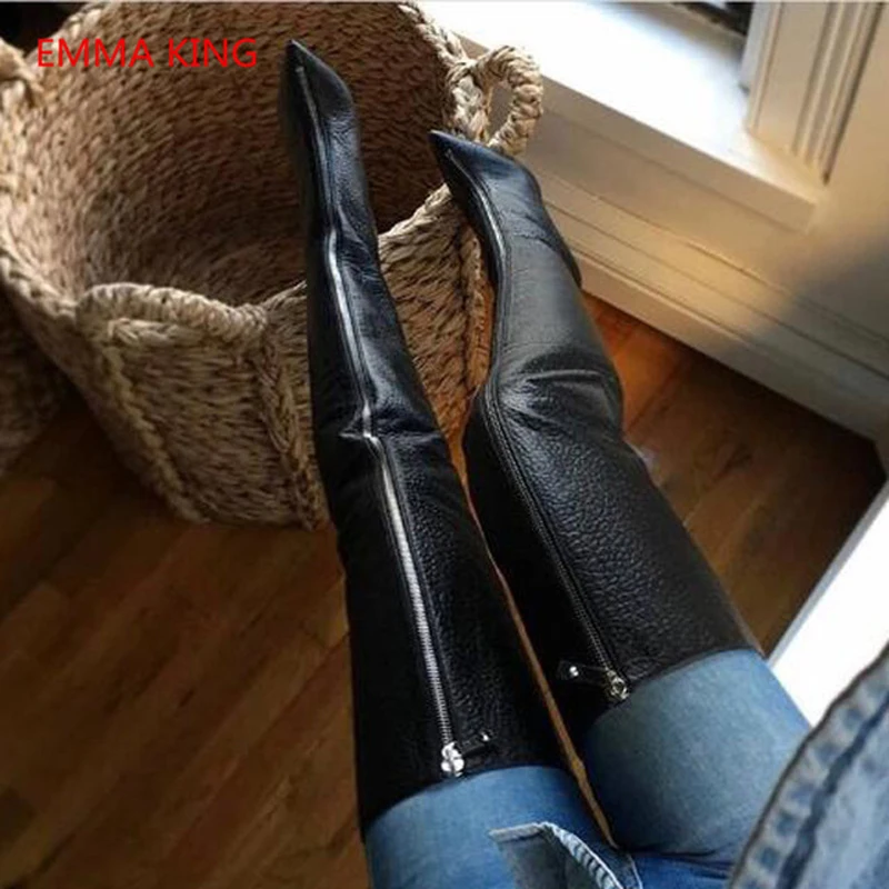 

2019 New Women Winter Over The Knee Boots Black Leather Front Zipper Designer Shoes Woman Thin High Heels Ladies Thigh High Boot