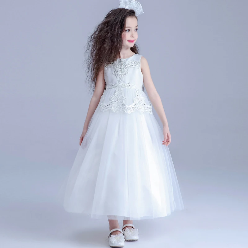 

Kids White Girls Dress For Party Wedding Bridessmaids Princess Dress Elegant Ball Gown Dress Girl Bowl Long Sleeveless Dress
