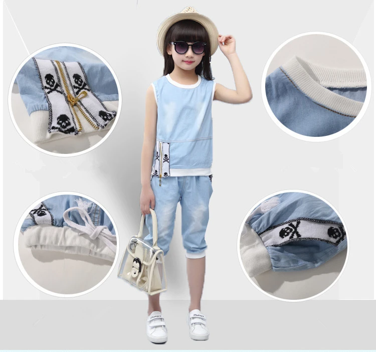 New Summer Girls Clothing Set Sleeveless Shirt Shorts Children Clothes Sets For Girls Teenager Sports Suits Denim Kids Tracksuit (2)