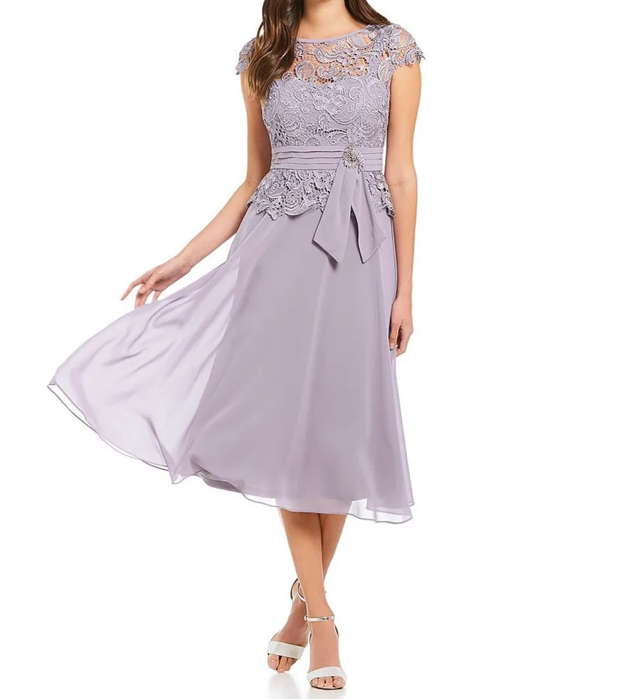 Короткие шифоновые платья для матери невесты трапециевидной формы с круглым вырезом и рукавами-крылышками Свадебные вечерние платье длина миди vestido madrina boda