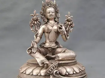 

10'' China Silver Bronze Buddhism Green Tara Buddha Bronze Statue