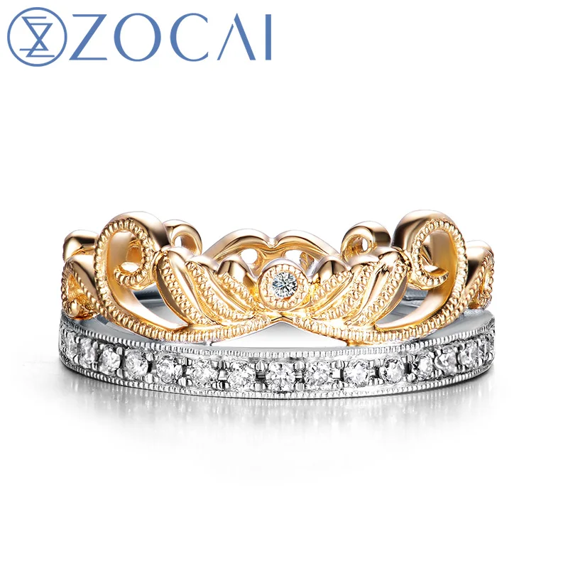 

ZOCAI CROWN 100% natural diamond 0.15 ct dual color 18K yelow gold & 18K white gold diamond wedding ring W05528