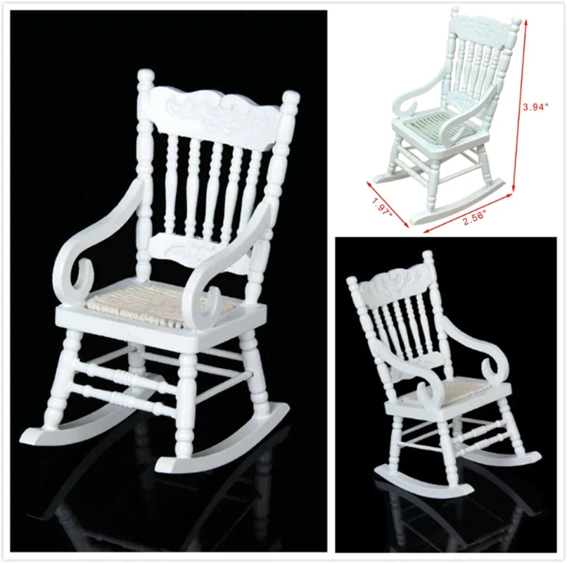 

1:12 Dollhouse Miniature Furniture White Wooden Rocking Chair Hemp Rope Seat Home Declaration