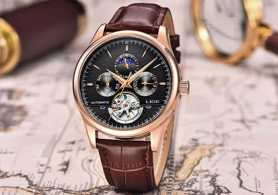 LIGE, модные мужские автоматические механические часы, роскошные деловые Tourbillon, водонепроницаемые часы, мужские повседневные кожаные Наручные часы с датой